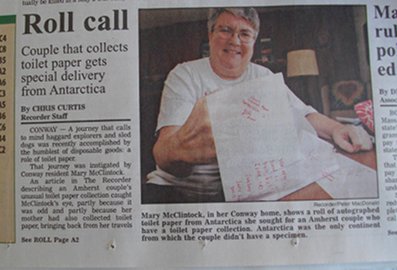 Pic of article in Greenfield Recorder on Mary McClintock's acquiring Antarctic toilet paper for us.